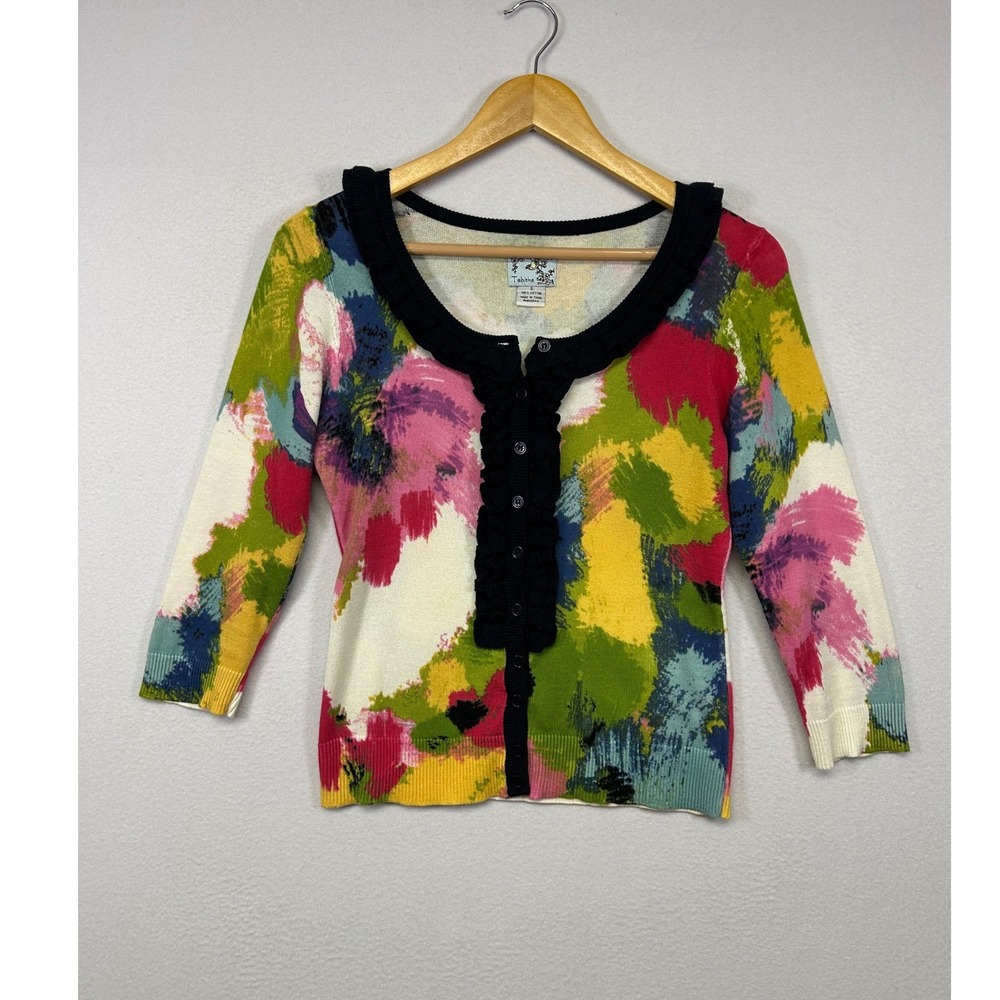Artistic Whimsical Tabitha Women Sm‎ Multicolor Abstract Ruffle Cotton Cardigan